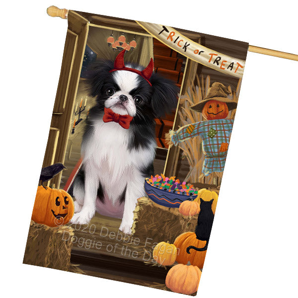 Enter at Your Own Risk Halloween Trick or Treat Japanese Chin Dogs House Flag Outdoor Decorative Double Sided Pet Portrait Weather Resistant Premium Quality Animal Printed Home Decorative Flags 100% Polyester FLG69056