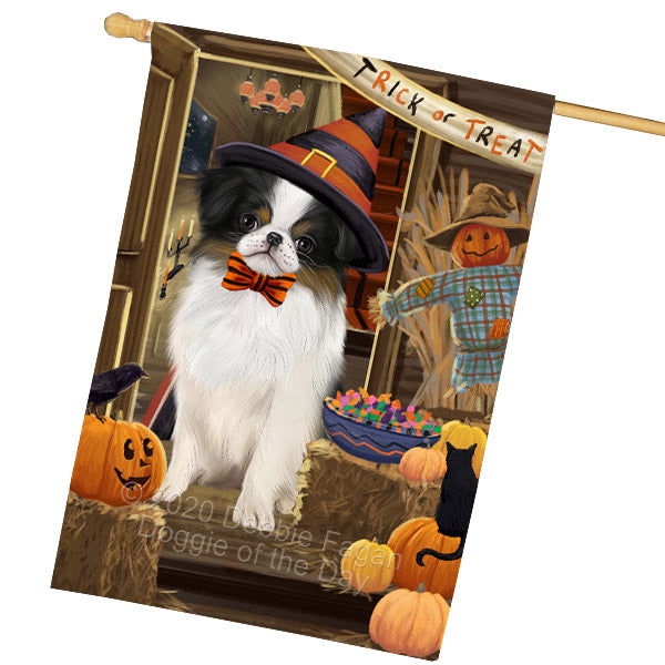 Enter at Your Own Risk Halloween Trick or Treat Japanese Chin Dogs House Flag Outdoor Decorative Double Sided Pet Portrait Weather Resistant Premium Quality Animal Printed Home Decorative Flags 100% Polyester FLG69057