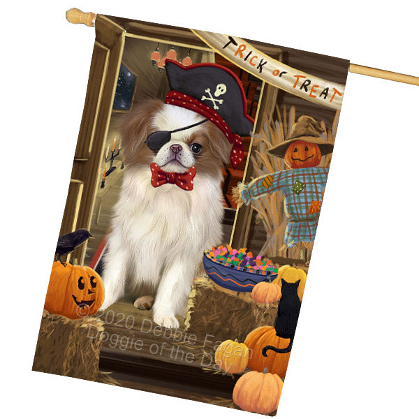 Enter at Your Own Risk Halloween Trick or Treat Japanese Chin Dogs House Flag Outdoor Decorative Double Sided Pet Portrait Weather Resistant Premium Quality Animal Printed Home Decorative Flags 100% Polyester FLG69058
