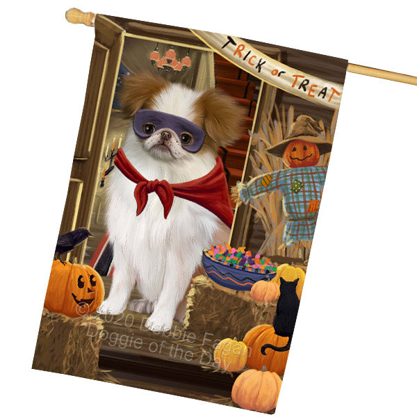 Enter at Your Own Risk Halloween Trick or Treat Japanese Chin Dogs House Flag Outdoor Decorative Double Sided Pet Portrait Weather Resistant Premium Quality Animal Printed Home Decorative Flags 100% Polyester FLG69059