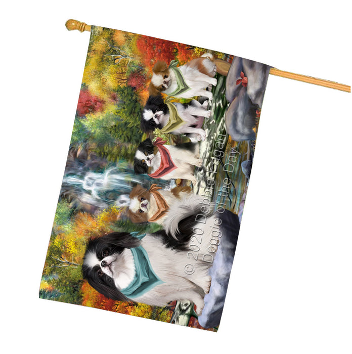 Scenic Waterfall Japanese Chin Dogs House Flag Outdoor Decorative Double Sided Pet Portrait Weather Resistant Premium Quality Animal Printed Home Decorative Flags 100% Polyester