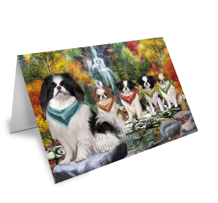 Scenic Waterfall Japanese Chin Dogs Handmade Artwork Assorted Pets Greeting Cards and Note Cards with Envelopes for All Occasions and Holiday Seasons