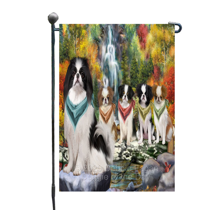 Scenic Waterfall Japanese Chin Dogs Garden Flags Outdoor Decor for Homes and Gardens Double Sided Garden Yard Spring Decorative Vertical Home Flags Garden Porch Lawn Flag for Decorations