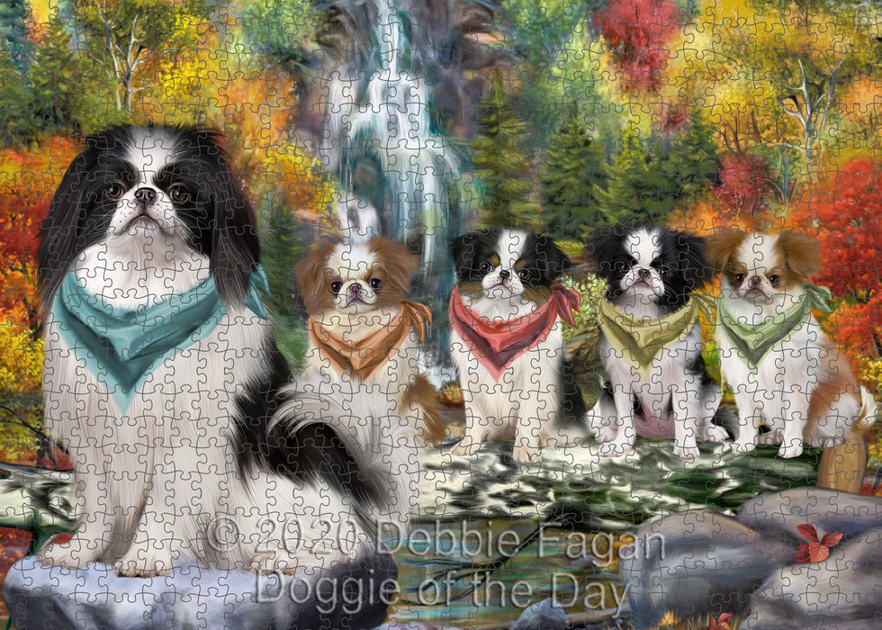 Scenic Waterfall Japanese Chin Dogs Portrait Jigsaw Puzzle for Adults Animal Interlocking Puzzle Game Unique Gift for Dog Lover's with Metal Tin Box