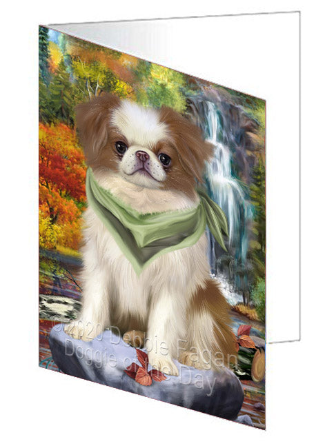Scenic Waterfall Japanese Chin Dog Handmade Artwork Assorted Pets Greeting Cards and Note Cards with Envelopes for All Occasions and Holiday Seasons