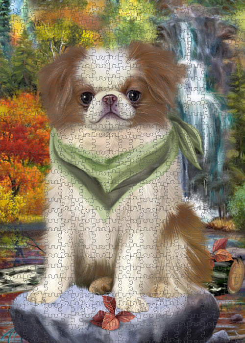 Scenic Waterfall Japanese Chin Dog Portrait Jigsaw Puzzle for Adults Animal Interlocking Puzzle Game Unique Gift for Dog Lover's with Metal Tin Box PZL680