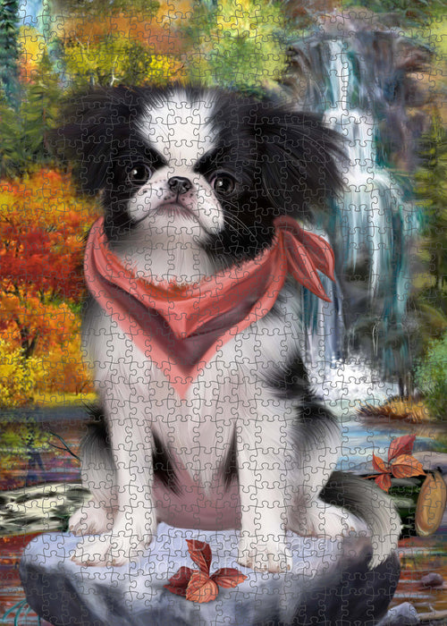 Scenic Waterfall Japanese Chin Dog Portrait Jigsaw Puzzle for Adults Animal Interlocking Puzzle Game Unique Gift for Dog Lover's with Metal Tin Box PZL681