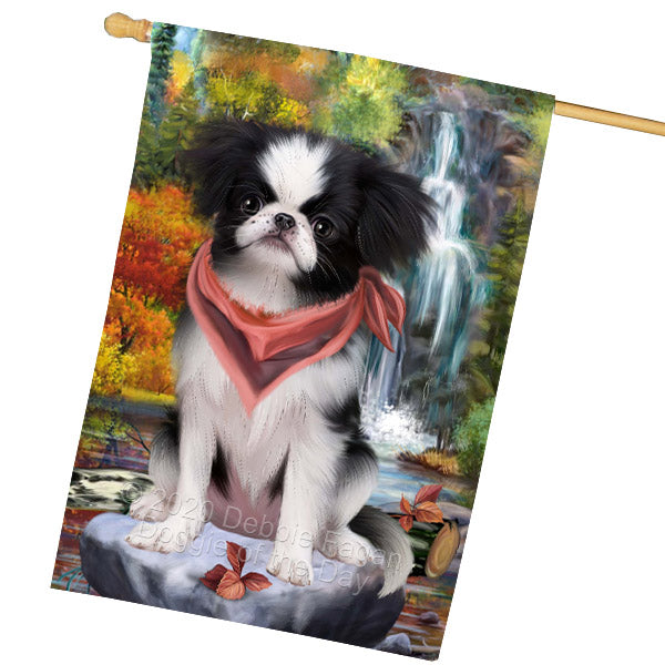 Scenic Waterfall Japanese Chin Dog House Flag Outdoor Decorative Double Sided Pet Portrait Weather Resistant Premium Quality Animal Printed Home Decorative Flags 100% Polyester FLG69262