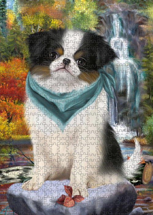 Scenic Waterfall Japanese Chin Dog Portrait Jigsaw Puzzle for Adults Animal Interlocking Puzzle Game Unique Gift for Dog Lover's with Metal Tin Box PZL682