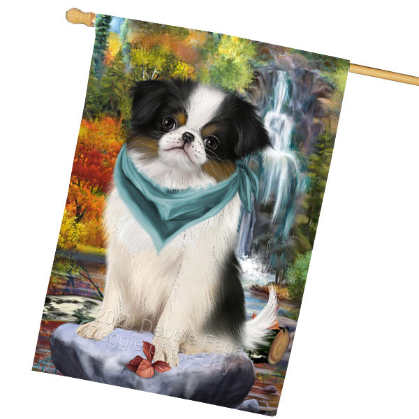 Scenic Waterfall Japanese Chin Dog House Flag Outdoor Decorative Double Sided Pet Portrait Weather Resistant Premium Quality Animal Printed Home Decorative Flags 100% Polyester FLG69263