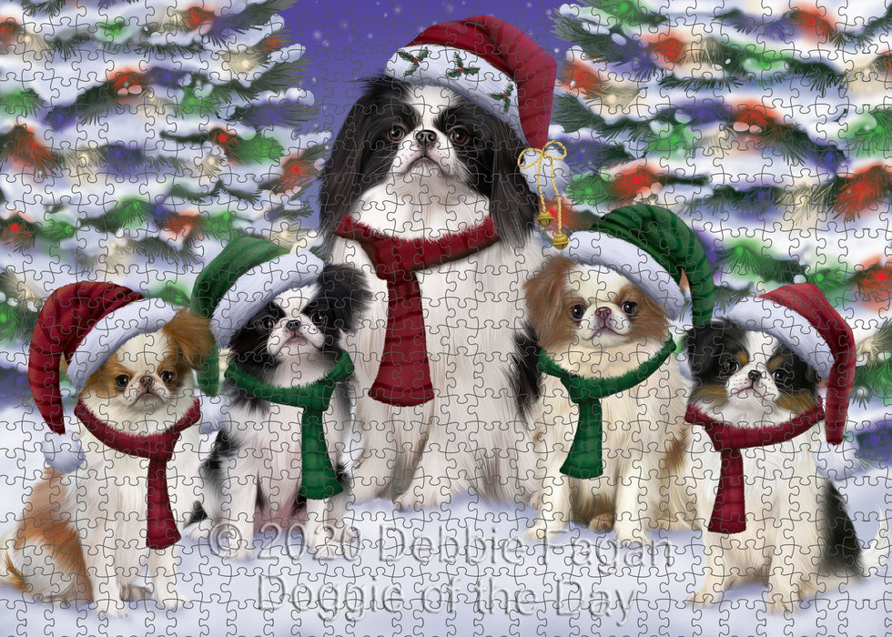 Christmas Happy Holidays Japanese Chin Dogs Family Portrait Portrait Jigsaw Puzzle for Adults Animal Interlocking Puzzle Game Unique Gift for Dog Lover's with Metal Tin Box
