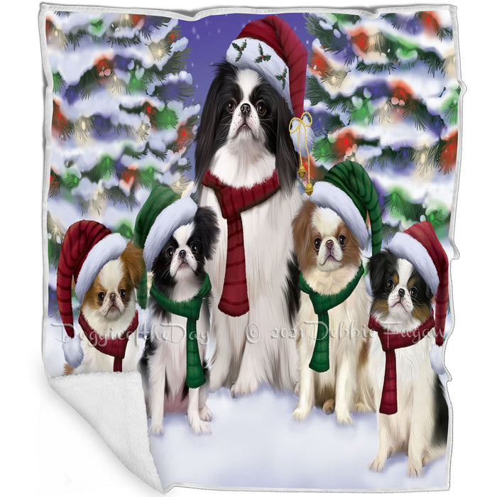 Japanese Chin Dogs Christmas Family Portrait in Holiday Scenic Background Blanket BLNKT143268