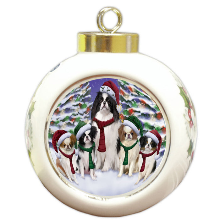 Christmas Happy Holidays Japanese Chin Dogs Family Portrait Round Ball Christmas Ornament Pet Decorative Hanging Ornaments for Christmas X-mas Tree Decorations - 3" Round Ceramic Ornament
