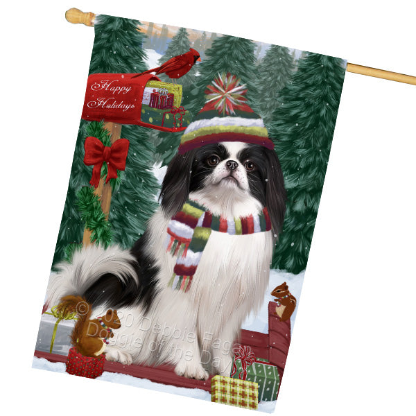 Christmas Woodland Sled Japanese Chin Dog House Flag Outdoor Decorative Double Sided Pet Portrait Weather Resistant Premium Quality Animal Printed Home Decorative Flags 100% Polyester FLG69571