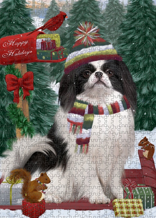 Christmas Woodland Sled Japanese Chin Dog Portrait Jigsaw Puzzle for Adults Animal Interlocking Puzzle Game Unique Gift for Dog Lover's with Metal Tin Box PZL894
