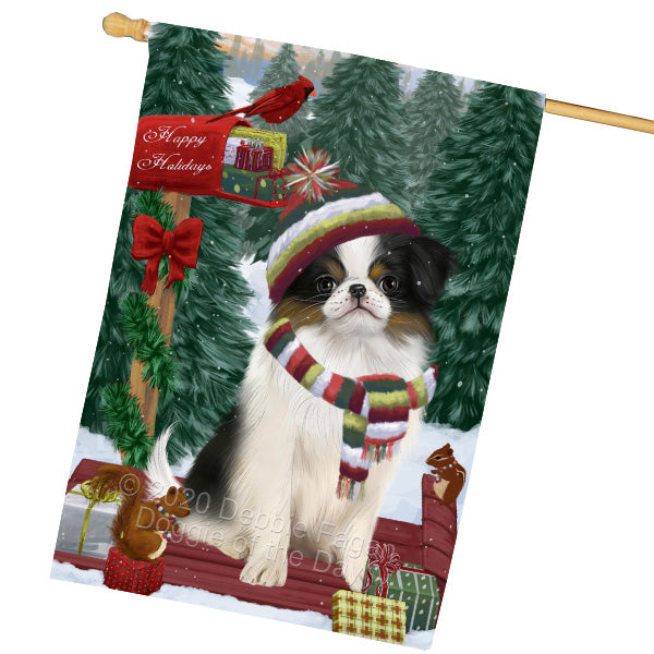 Christmas Woodland Sled Japanese Chin Dog House Flag Outdoor Decorative Double Sided Pet Portrait Weather Resistant Premium Quality Animal Printed Home Decorative Flags 100% Polyester FLG69572