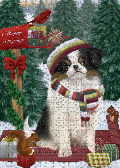 Christmas Woodland Sled Japanese Chin Dog Portrait Jigsaw Puzzle for Adults Animal Interlocking Puzzle Game Unique Gift for Dog Lover's with Metal Tin Box PZL895
