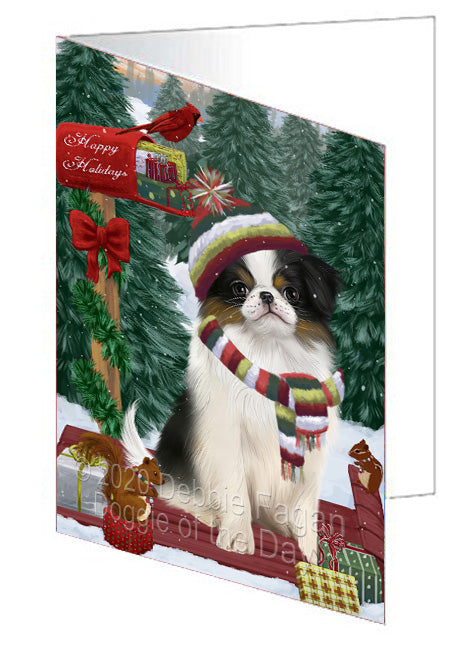 Christmas Woodland Sled Japanese Chin Dog Handmade Artwork Assorted Pets Greeting Cards and Note Cards with Envelopes for All Occasions and Holiday Seasons