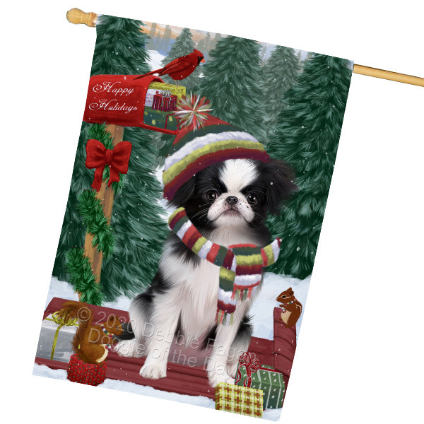 Christmas Woodland Sled Japanese Chin Dog House Flag Outdoor Decorative Double Sided Pet Portrait Weather Resistant Premium Quality Animal Printed Home Decorative Flags 100% Polyester FLG69573