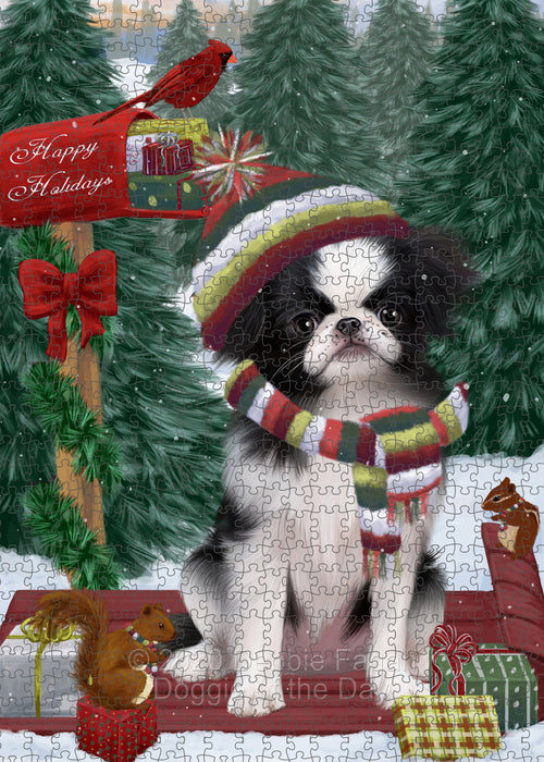 Christmas Woodland Sled Japanese Chin Dog Portrait Jigsaw Puzzle for Adults Animal Interlocking Puzzle Game Unique Gift for Dog Lover's with Metal Tin Box PZL896