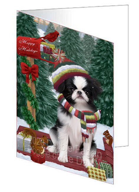 Christmas Woodland Sled Japanese Chin Dog Handmade Artwork Assorted Pets Greeting Cards and Note Cards with Envelopes for All Occasions and Holiday Seasons
