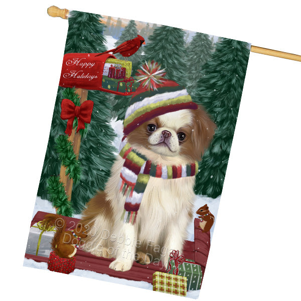 Christmas Woodland Sled Japanese Chin Dog House Flag Outdoor Decorative Double Sided Pet Portrait Weather Resistant Premium Quality Animal Printed Home Decorative Flags 100% Polyester FLG69574