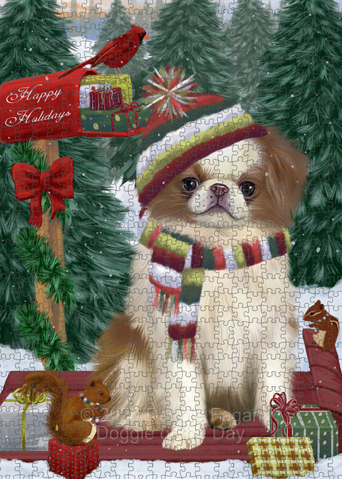 Christmas Woodland Sled Japanese Chin Dog Portrait Jigsaw Puzzle for Adults Animal Interlocking Puzzle Game Unique Gift for Dog Lover's with Metal Tin Box PZL897