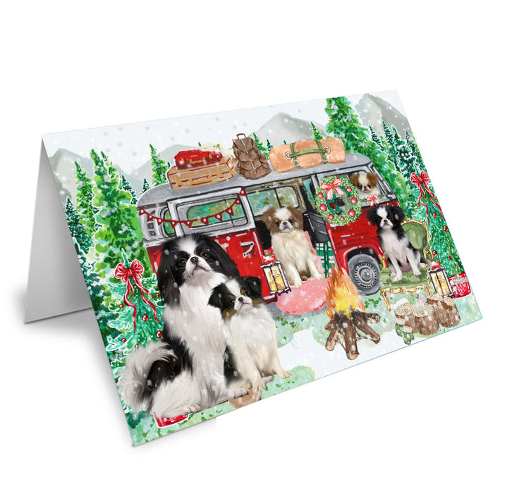 Christmas Time Camping with Japanese Chin Dogs Handmade Artwork Assorted Pets Greeting Cards and Note Cards with Envelopes for All Occasions and Holiday Seasons