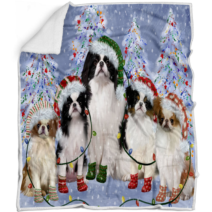 Christmas Lights and Japanese Chin Dogs Blanket - Lightweight Soft Cozy and Durable Bed Blanket - Animal Theme Fuzzy Blanket for Sofa Couch