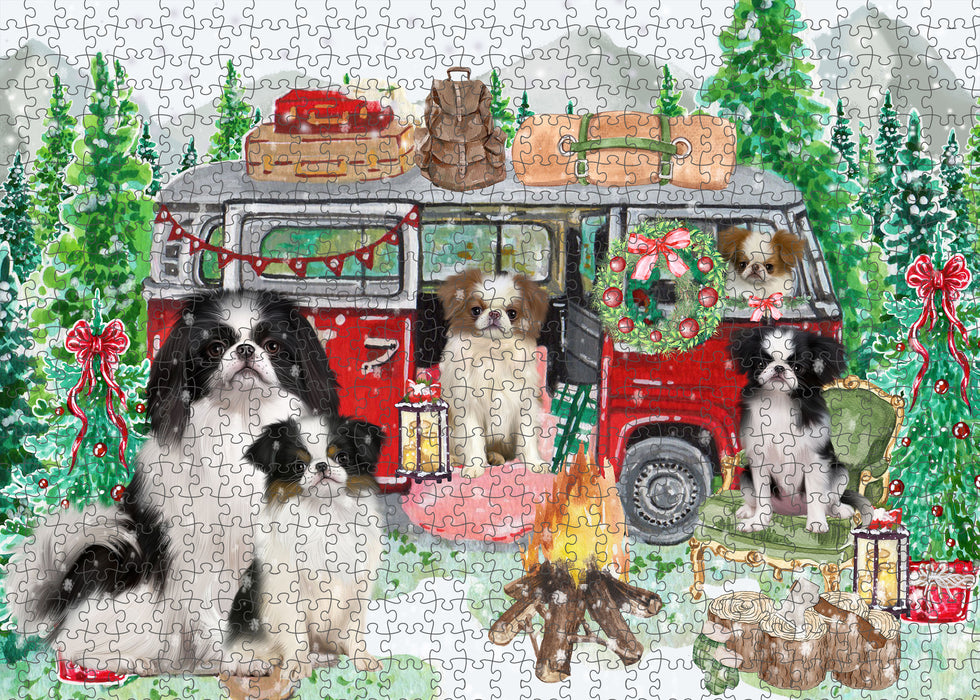 Christmas Time Camping with Japanese Chin Dogs Portrait Jigsaw Puzzle for Adults Animal Interlocking Puzzle Game Unique Gift for Dog Lover's with Metal Tin Box