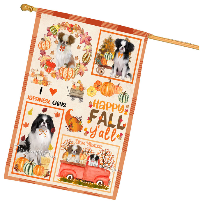 Happy Fall Y'all Pumpkin Japanese Chin Dogs House Flag Outdoor Decorative Double Sided Pet Portrait Weather Resistant Premium Quality Animal Printed Home Decorative Flags 100% Polyester