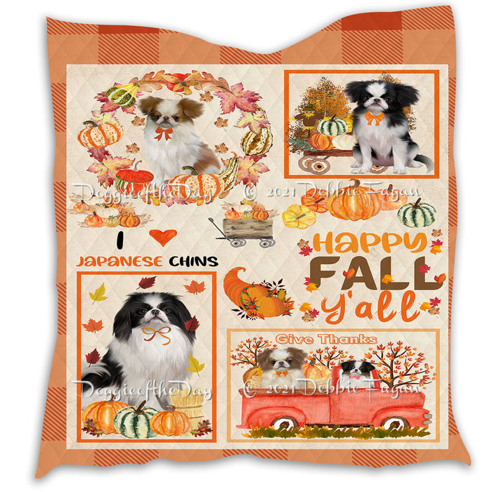 Happy Fall Y'all Pumpkin Japanese Chin Dogs Quilt Bed Coverlet Bedspread - Pets Comforter Unique One-side Animal Printing - Soft Lightweight Durable Washable Polyester Quilt