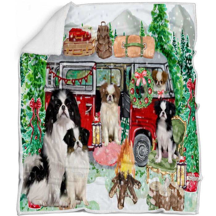 Christmas Time Camping with Japanese Chin Dogs Blanket - Lightweight Soft Cozy and Durable Bed Blanket - Animal Theme Fuzzy Blanket for Sofa Couch