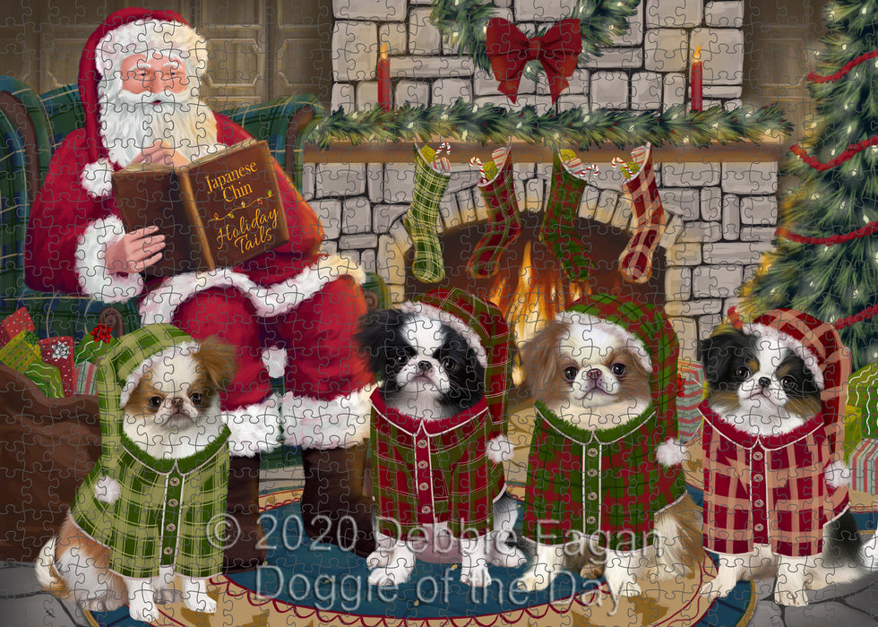 Christmas Cozy Fire Holiday Tails Japanese Chin Dogs Portrait Jigsaw Puzzle for Adults Animal Interlocking Puzzle Game Unique Gift for Dog Lover's with Metal Tin Box