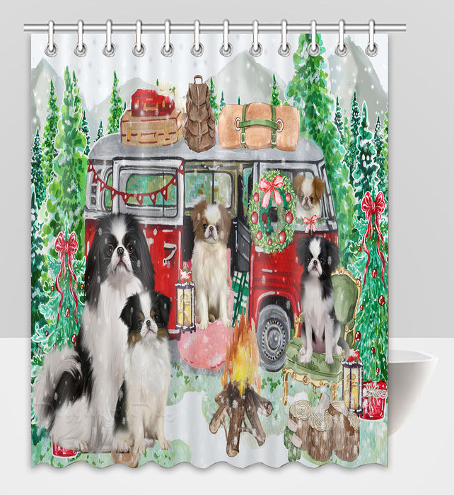 Christmas Time Camping with Japanese Chin Dogs Shower Curtain Pet Painting Bathtub Curtain Waterproof Polyester One-Side Printing Decor Bath Tub Curtain for Bathroom with Hooks