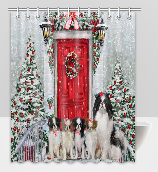 Christmas Holiday Welcome Japanese Chin Dogs Shower Curtain Pet Painting Bathtub Curtain Waterproof Polyester One-Side Printing Decor Bath Tub Curtain for Bathroom with Hooks