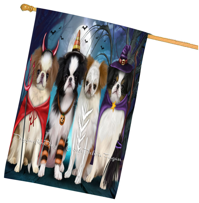 Halloween Trick or Treat Japanese Chin Dogs House Flag Outdoor Decorative Double Sided Pet Portrait Weather Resistant Premium Quality Animal Printed Home Decorative Flags 100% Polyester