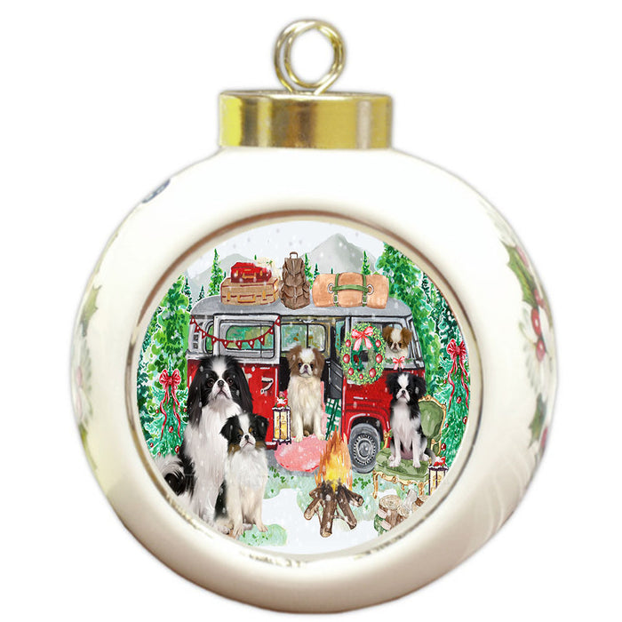 Christmas Time Camping with Japanese Chin Dogs Round Ball Christmas Ornament Pet Decorative Hanging Ornaments for Christmas X-mas Tree Decorations - 3" Round Ceramic Ornament