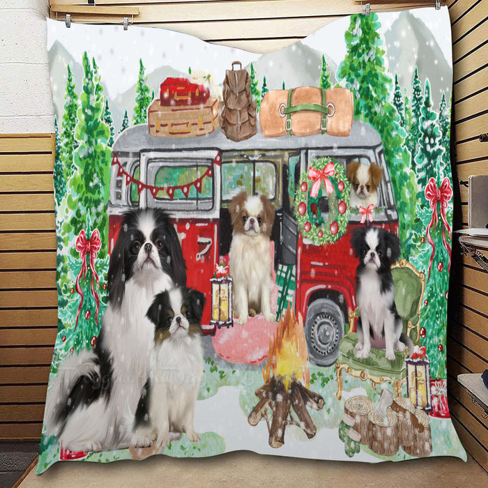 Christmas Time Camping with Japanese Chin Dogs  Quilt Bed Coverlet Bedspread - Pets Comforter Unique One-side Animal Printing - Soft Lightweight Durable Washable Polyester Quilt
