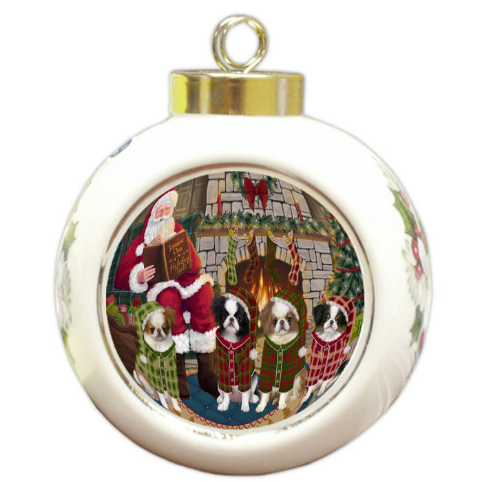 Christmas Cozy Fire Holiday Tails Japanese Chin Dogs Round Ball Christmas Ornament Pet Decorative Hanging Ornaments for Christmas X-mas Tree Decorations - 3" Round Ceramic Ornament