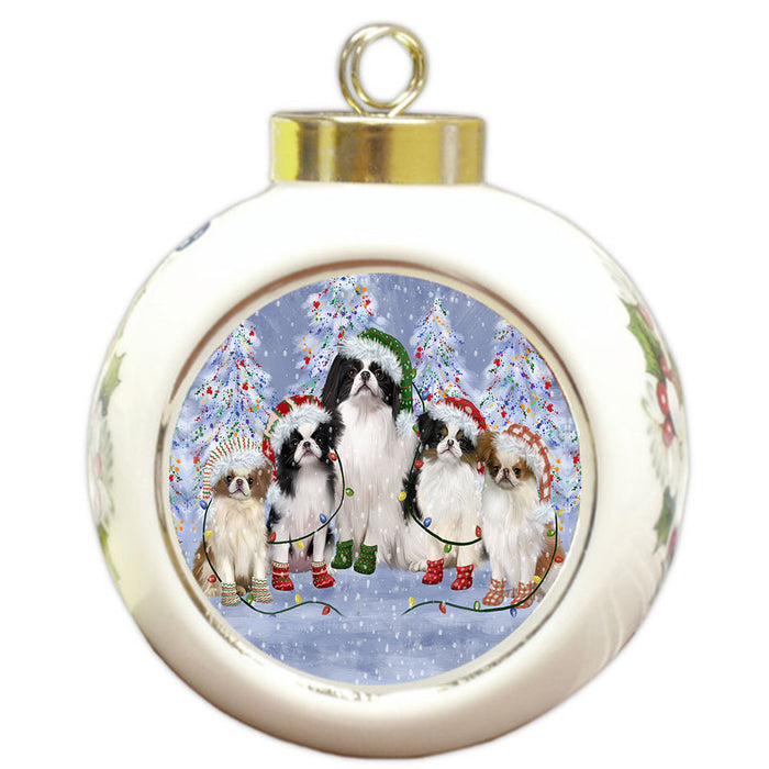 Christmas Lights and Japanese Chin Dogs Round Ball Christmas Ornament Pet Decorative Hanging Ornaments for Christmas X-mas Tree Decorations - 3" Round Ceramic Ornament