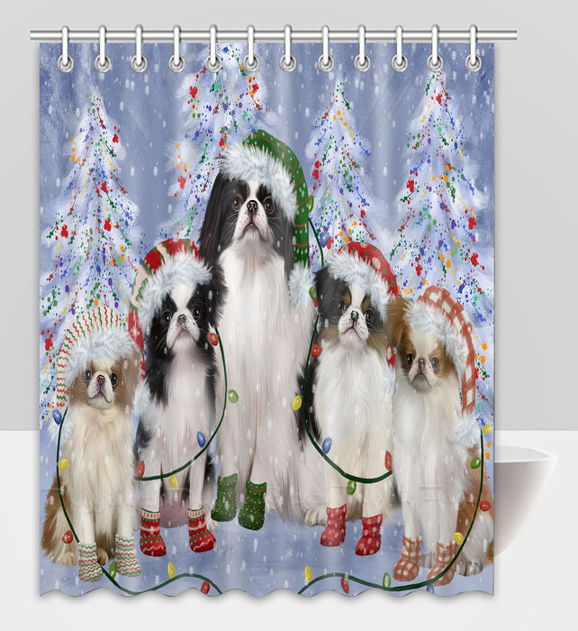 Christmas Lights and Japanese Chin Dogs Shower Curtain Pet Painting Bathtub Curtain Waterproof Polyester One-Side Printing Decor Bath Tub Curtain for Bathroom with Hooks