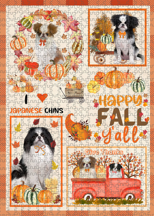 Happy Fall Y'all Pumpkin Japanese Chin Dogs Portrait Jigsaw Puzzle for Adults Animal Interlocking Puzzle Game Unique Gift for Dog Lover's with Metal Tin Box
