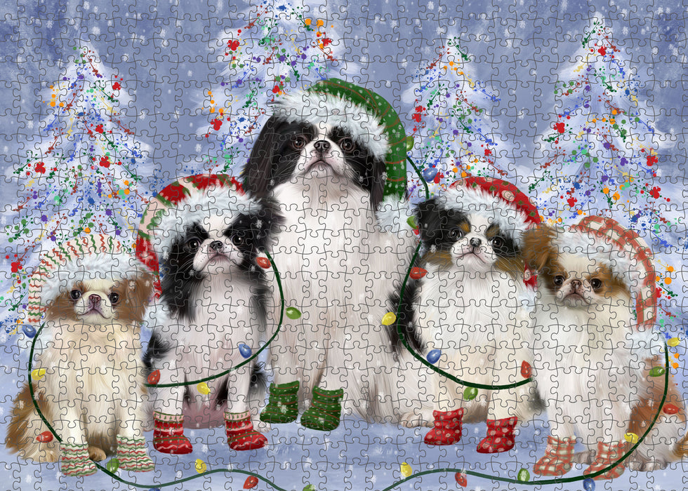 Christmas Lights and Japanese Chin Dogs Portrait Jigsaw Puzzle for Adults Animal Interlocking Puzzle Game Unique Gift for Dog Lover's with Metal Tin Box