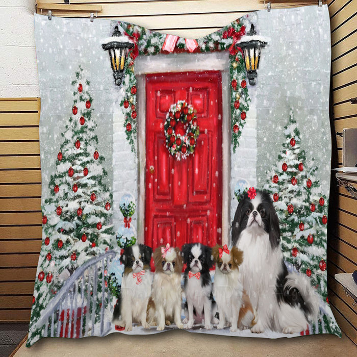 Christmas Holiday Welcome Japanese Chin Dogs  Quilt Bed Coverlet Bedspread - Pets Comforter Unique One-side Animal Printing - Soft Lightweight Durable Washable Polyester Quilt