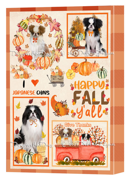 Happy Fall Y'all Pumpkin Japanese Chin Dogs Canvas Wall Art - Premium Quality Ready to Hang Room Decor Wall Art Canvas - Unique Animal Printed Digital Painting for Decoration