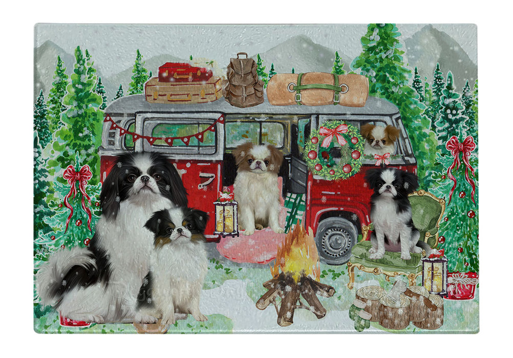 Christmas Time Camping with Japanese Chin Dogs Cutting Board - For Kitchen - Scratch & Stain Resistant - Designed To Stay In Place - Easy To Clean By Hand - Perfect for Chopping Meats, Vegetables