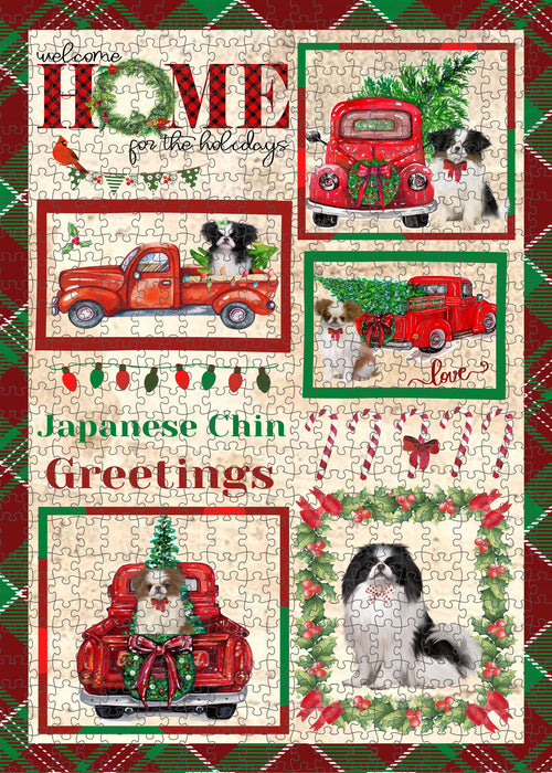 Welcome Home for Christmas Holidays Japanese Chin Dogs Portrait Jigsaw Puzzle for Adults Animal Interlocking Puzzle Game Unique Gift for Dog Lover's with Metal Tin Box
