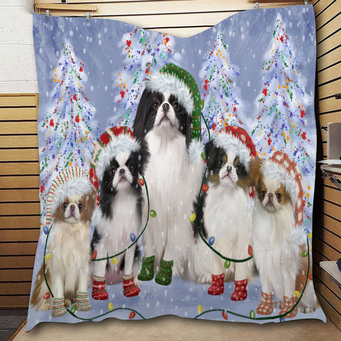 Christmas Lights and Japanese Chin Dogs  Quilt Bed Coverlet Bedspread - Pets Comforter Unique One-side Animal Printing - Soft Lightweight Durable Washable Polyester Quilt