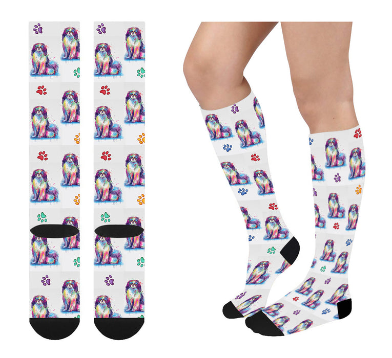 Watercolor Japanese Chin Dogs Women's Over the Calf Socks